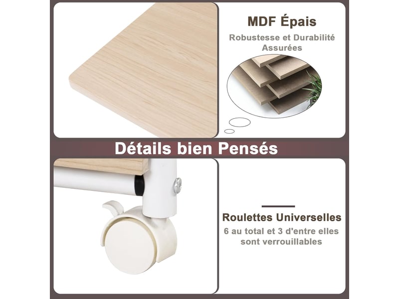 Bureau Pliable avec 3 Tiroirs, Table d'Écriture Roues Verrouillables, Bureau à Domicile Roulant avec Cadre en Métal, Naturel - Gamm vert