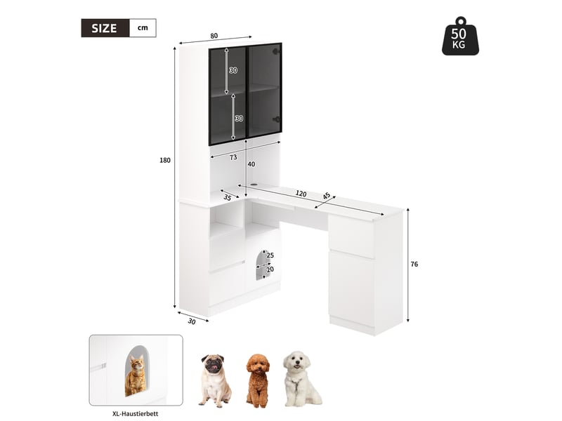 Bureau D'angle MERAX Avec étagères, Vitrine LED Et Niche Pour Chat - 120x80x180 Cm - 3 Tiroirs, 2 Portes, Passe-câbles