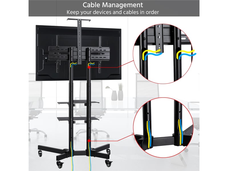 Support TV Mobile Sur Roulettes 23-55 Pouces - Hauteur Réglable 106-145 Cm, Inclinable ±10°, Charge 35 Kg, Étagère + Gestion Câbles, Compatible VESA 400x400