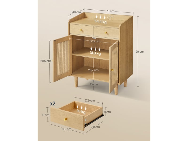 Buffet Salon HOMCOM Effet Rotin - 2 Portes, étagère Réglable, Style Bohème - Rangement Salle à Manger/cuisine 75x38x77 Cm - Bois Naturel, Charge 45 Kg - 9