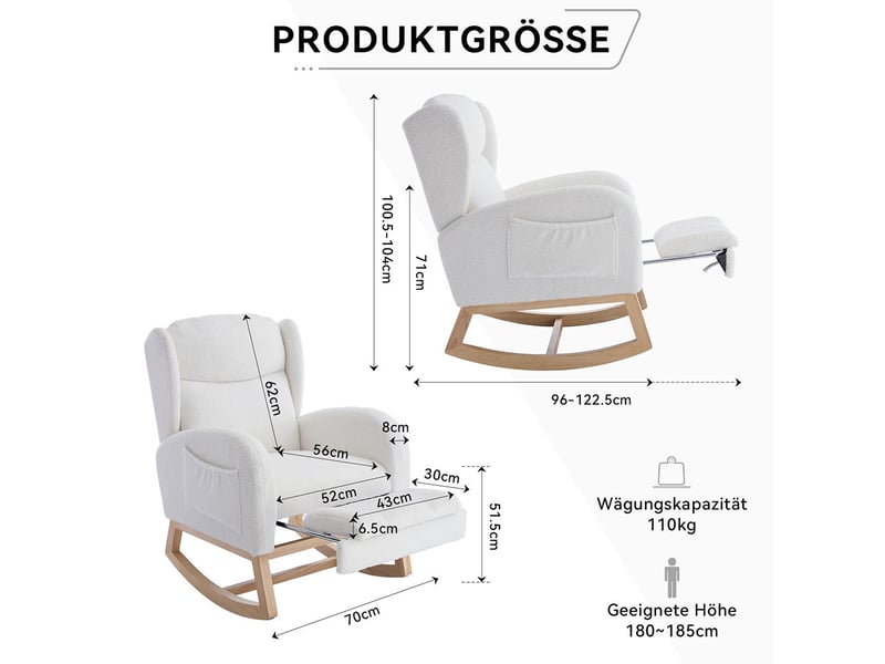 Fauteuil à Bascule Avec Tabouret – Dossier Réglable, Velours Doux | Pour Salon, Chambre Bébé, Allaitement