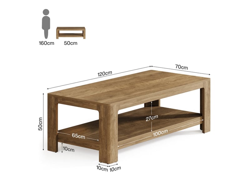Table basse moderne en bois avec rangement 120 cm – Table basse rectangulaire de ferme avec étagères ouvertes, 2 niveaux d'assemblage facile pour salon, chambre à coucher, bureau à domicile – Design