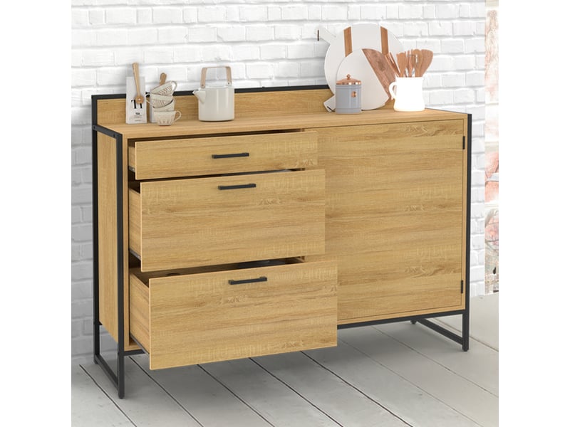 Buffet Bas De Cuisine VITO 120 Cm Blanc Et Bois - 1 Porte + 3 Tiroirs, Plan De Travail à 83 Cm - Rangement Optimisé, à Monter Soi-même - 11