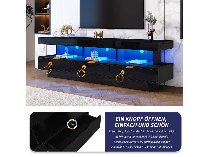 Armoire TV Noire Brillante Avec éclairage LED - 200x35x45 Cm, 3 étagères, 2 Tiroirs - Meuble Salon Moderne