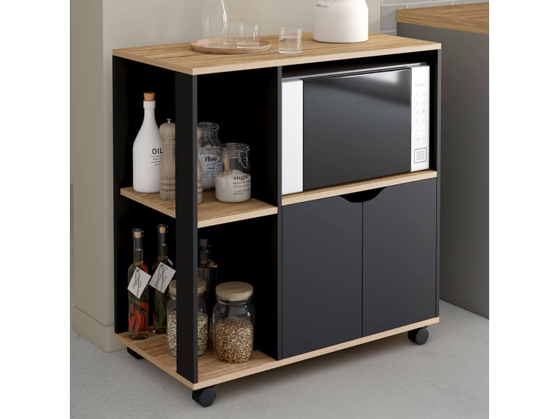 Desserte De Cuisine COSI IDMarket - Noir Et Hêtre, 76 Cm, 4 Roulettes Dont 2 Freinées, Plateau Coulissant