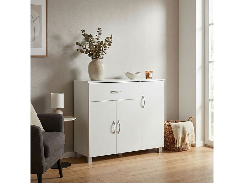 Buffet Bois Blanc 90 X 75 X 30 Cm - 3 Portes, 1 Tiroir, Design Moderne | Commode Salle à Manger, Rangement Fermé - 7