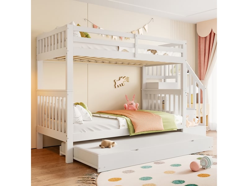 Lit Superposé Enfant Avec Bureau - 90x200 Cm + 140x200 Cm, Rangements, Pin Et MDF (Gris)