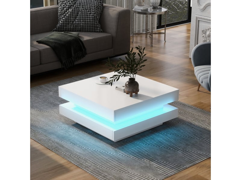 Table Basse Design Moderne Avec éclairage LED Et Hauteur Réglable - Plateau Verre Trempé Haut Brillant - Rangements Intégrés - Pour Salon - 11