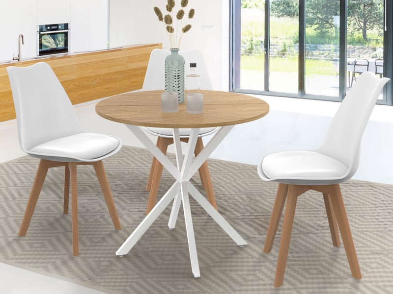 Table à Manger Ronde Alix 6 Personnes - Pied Araignée Bois Et Blanc 110 Cm, Style Loft Moderne