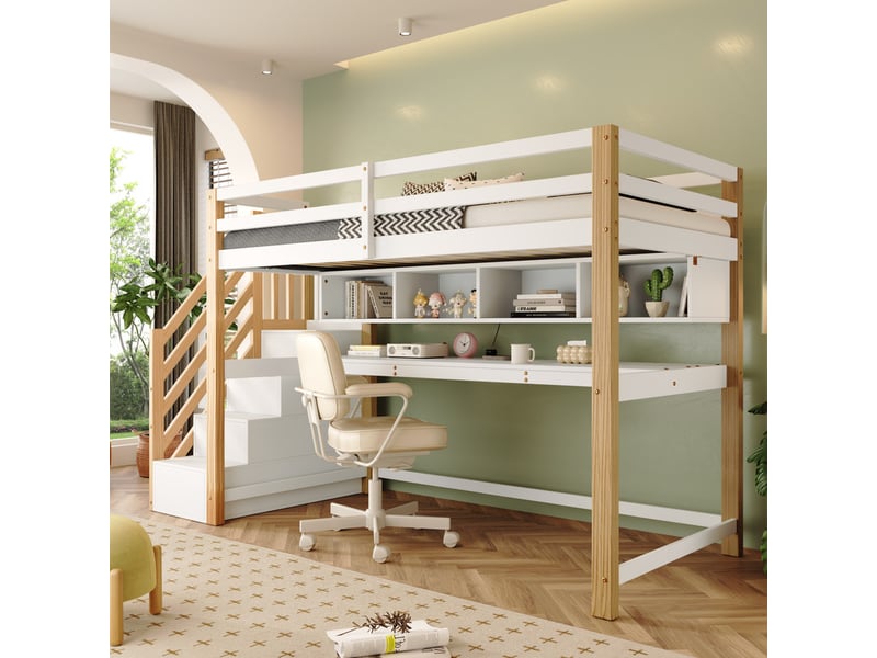 Lit Mezzanine KOMHTOM 90x200 Cm - Avec Bureau, Escalier Tiroir, Garde-corps, Sommier Lattes - Blanc/bois, Capacité 120 Kg