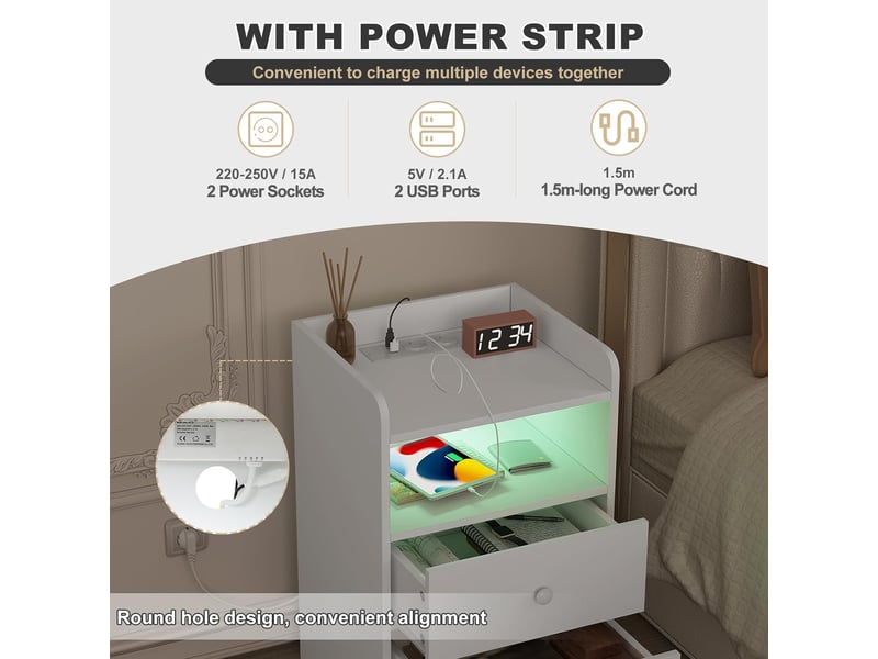 Lot De 2 Tables De Chevet Avec Station De Charge LED - Tiroirs Et USB, Blanc NTS23ws-2