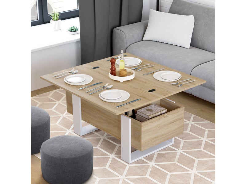 Table Basse Phoenix Plateau Relevable 2-en-1 – Bois Et Noir, Style Industriel Loft Convertible En Table à Manger