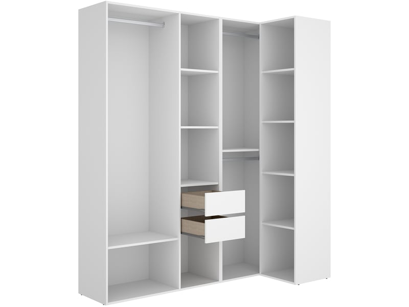 Dressing D'angle PEGANE Avec Portes à Chaussures - Dimensions 1445x79x205 Cm, En Bois Mélaminé Chêne Naturel Et Blanc