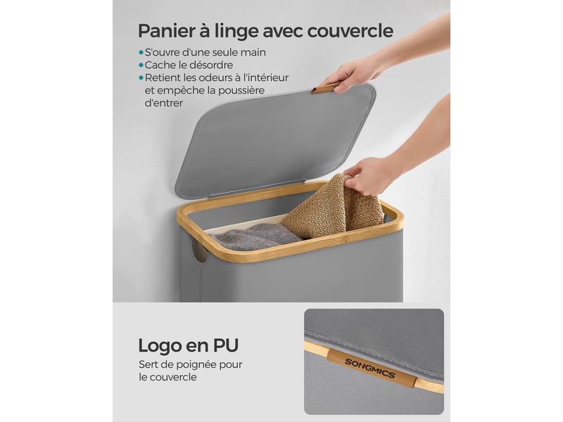 Panier à Linge Double SONGMICS Avec Couvercle - 90L, 2 Sacs Amovibles + 6 Filets, Rotin Synthétique, 33x45x60 Cm - 7