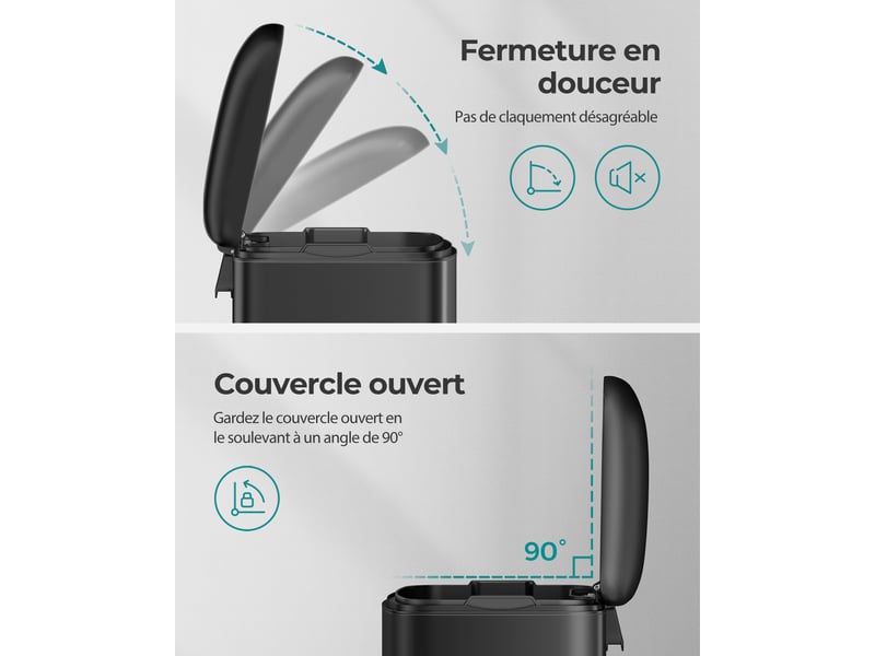 Poubelle 30L SONGMICS Avec Pédale - Acier Noir - Couvercle Hermétique - Seau Amovible - Pour Cuisine, Salon