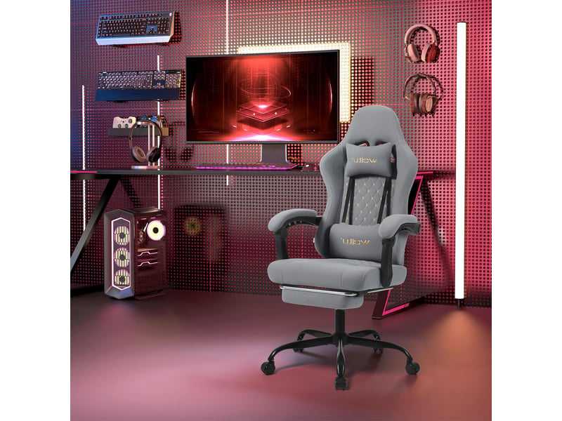 Chaise Gamer Ergonomique Avec Massage Lombaire - Repose-pieds Rétractable - Tissu Velours Gris