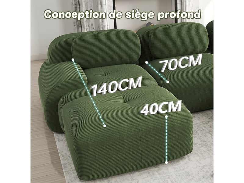 Canapé 2 Places En Velours Côtelé Beige 208 Cm - Modulaire, Accoudoirs Incurvés, Base Antidérapante, Livré Sans Montage - 5