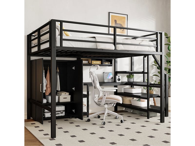 Lit Mezzanine 140x200 Cm Avec Bureau Et Armoire | Cadre Métal + MDF, Étagères, Échelle Rangement, Sans Matelas