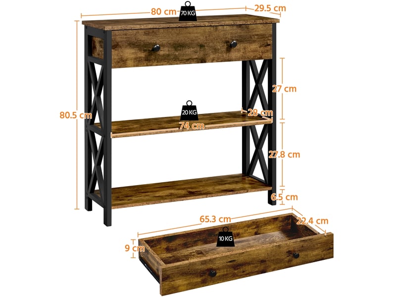 Table Console Élégante En Bois MDF Blanc Avec Tiroir Et 2 Étagères - Meuble D'Entrée Design X Pour Salon, Couloir Et Appartement, 80 × 30 × 80 Cm
