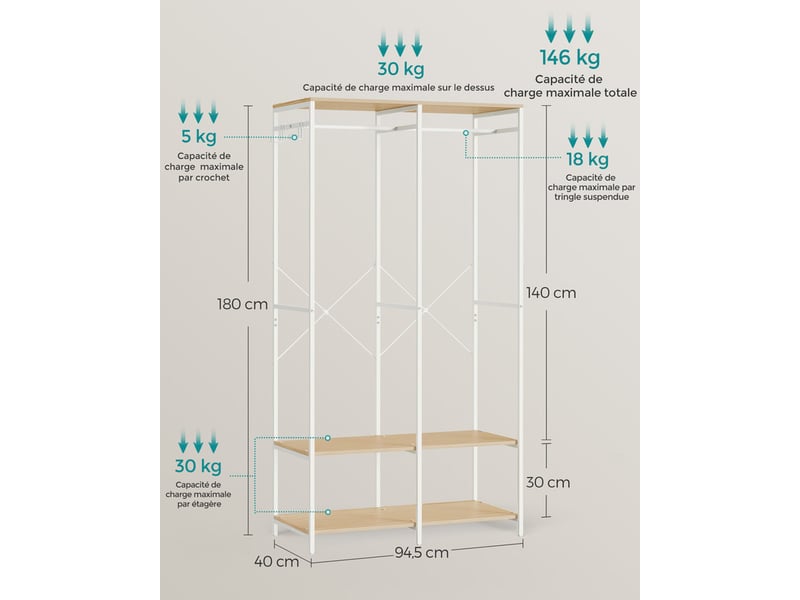 Armoire Pliante VALENTIN Relaxdays - 9 Compartiments, 2 Tringles - Dimensions 173x148x42,5 Cm - Tissu Beige - Pour Rangement Vêtements, Voyage, Camping - 4