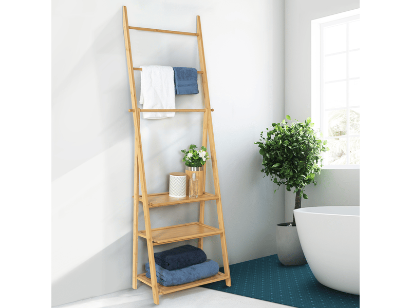 Échelle Porte-serviettes Bois 130x35x4 Cm - Décoration Salle De Bain, Salon, Chambre, Style Rustique
