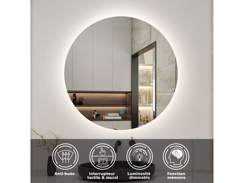 Miroir Salle De Bain Anti-Buée LED 80cm AICA - 3 Couleurs (Blanc, Blanc Chaud, Jaune) - Cadre Aluminium - IP44