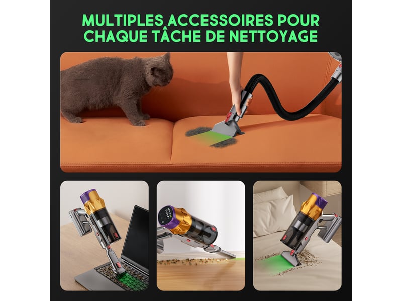QikCln Aspirateur sans Fil, 30000pa Aspirateur Balai sans Fil avec Écran LED et Anti-Emmêlement, 60Mins D'Autonomie Chargement Mural Aspirateur pour Tapis et Poils d'animaux de Compagnie (Vert