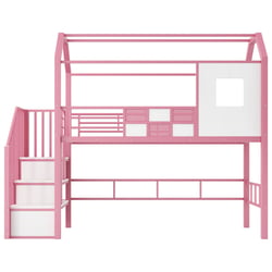 Lit Mezzanine Enfant 90x200 Cm Avec Toit Et Escalier De Rangement - Structure Métal Rose - Barrière Sécurité - Matelas Non Inclus