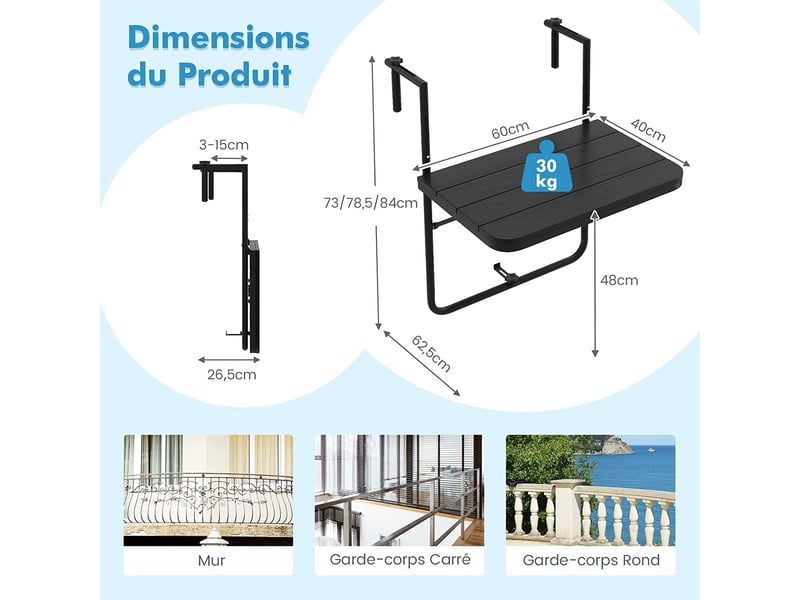 Table De Balcon Suspendue Pliable Chicreat Noir - Idéale Petits Espaces