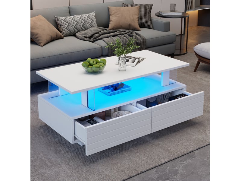 Table Basse Blanche Moderne Avec 2 Tiroirs Et 4 Niches - 100x50x50 Cm, Pieds Acier Argenté - Pour Salon Design