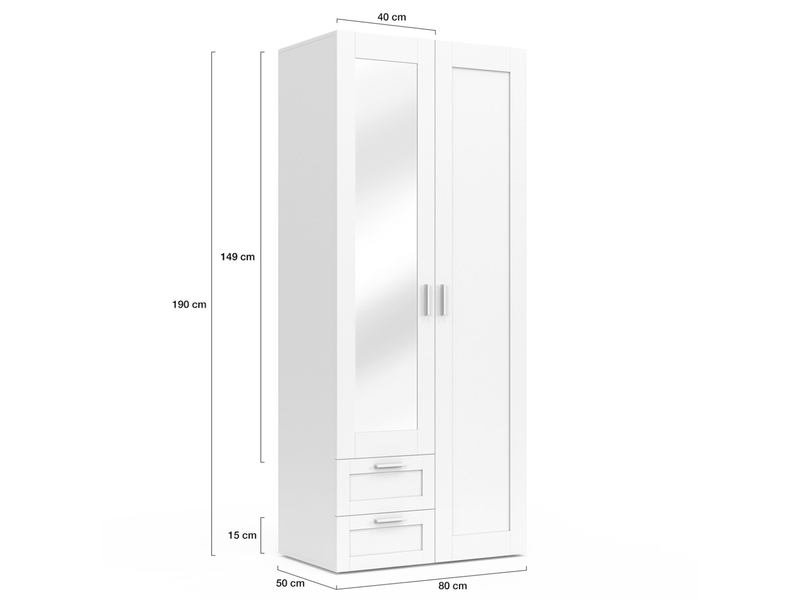 Meuble Dressing Armoire 2 Portes VITO Blanc - Penderie 80cm Avec