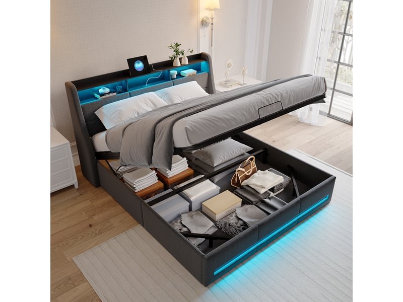 Lit Coffre 140x190cm Avec Sommier Relevable Hydraulique, 2 Tiroirs & Ports USB - Tête De Lit LED - LONELYO - 4