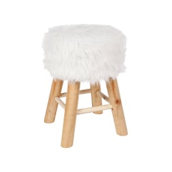 Tabouret Oslo Atmosphera - Effet Fourrure Blanc - Pied En Pin - Hauteur 41.5cm - Charge Max 100kg