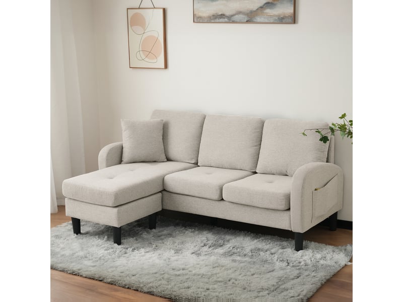 Canapé D'angle 3 Places Modulable | 166x118x77 Cm | Tissu Coton-lin Beige | Chaise Longue Amovible | Pour Salon, Appartement, Bureau