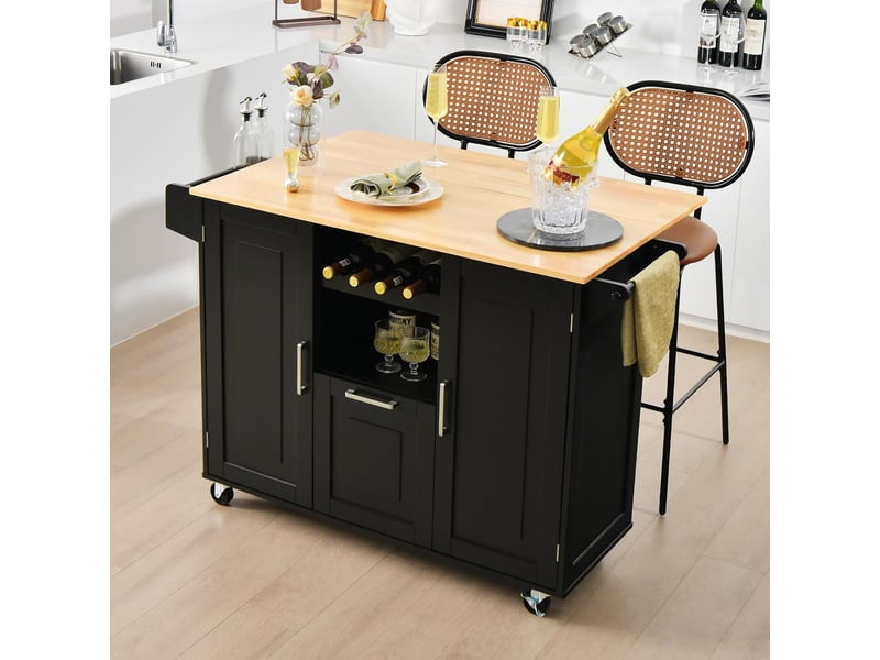 Chariot De Service Cuisine Avec Plan De Travail - 4 Roues, Armoire Et étagères, 82x50x92 Cm (noir)