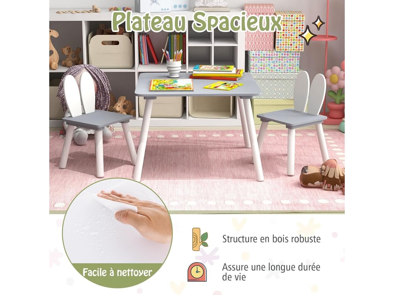 Table Enfants En Bois Avec 2 Chaises Lapin - Ensemble 3 Pièces Blanc 62x62x43cm