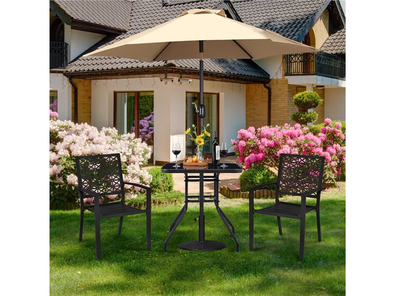Table D'Appoint Jardin Carrée KOMFOTTEU Avec Trou Pour Parasol - Plateau Verre Trémpé Et Cadre Métal - 89x89x72 Cm - Charge 80 Kg