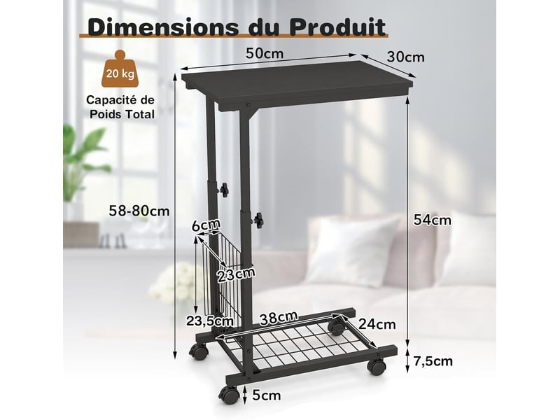 Table D’Appoint En Forme C Avec Plateau Inclinable - Table De Canapé Réglable, Style Industriel