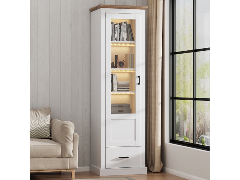 Vitrine LED Avec étagères - 55x35x166cm - Blanc/noir/gris - Meuble Rangement Salon Moderne