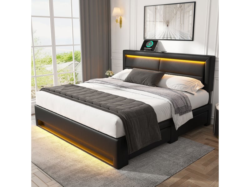 Lit 140x190 cm avec Sommier - NHHF - Lit Adulte 2 Personnes avec Rangement - Lit Flottant avec LED - Prise Intégrée - Gris - Maison