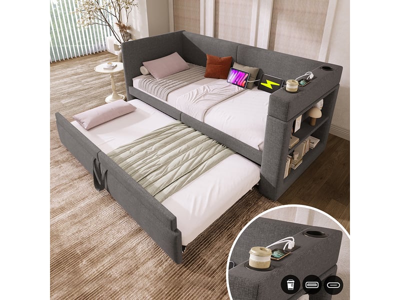Canapé-lit Méridienne Avec Rangement & Ports USB - Lit Gigogne 90x200 Cm, Transformable, Gris Lin/Coton