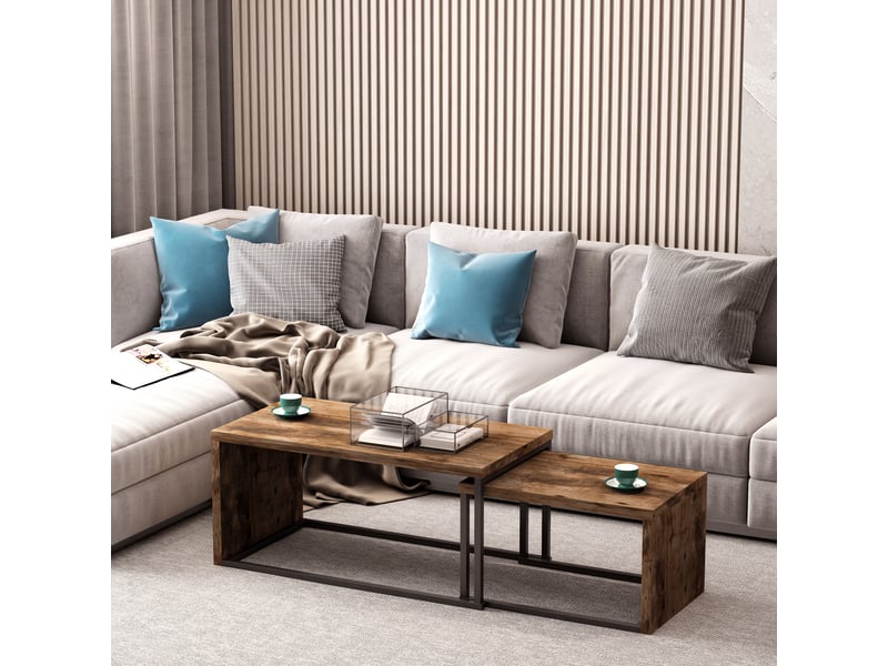 Tables Basses Gigognes HOMCOM Lot De 2 - Style Industriel - Noir Et Vieux Bois - 90x48x42cm
