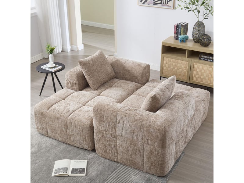 Canapé Modulaire 2 Places + Méridienne En Velours Côtelé Khaki - Zéro Montage, 5 Coussins, Porte-gobelets - 257x90x160 Cm - 13