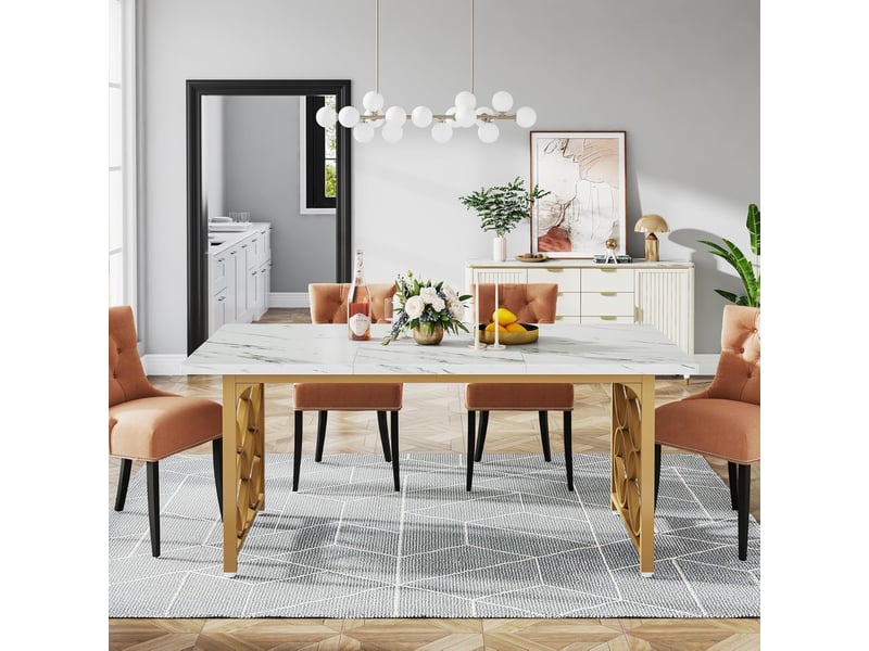 Table à Manger Rectangulaire 160x80 Cm Pour 6 Personnes | Plateau Faux Marbre, Pieds Dorés