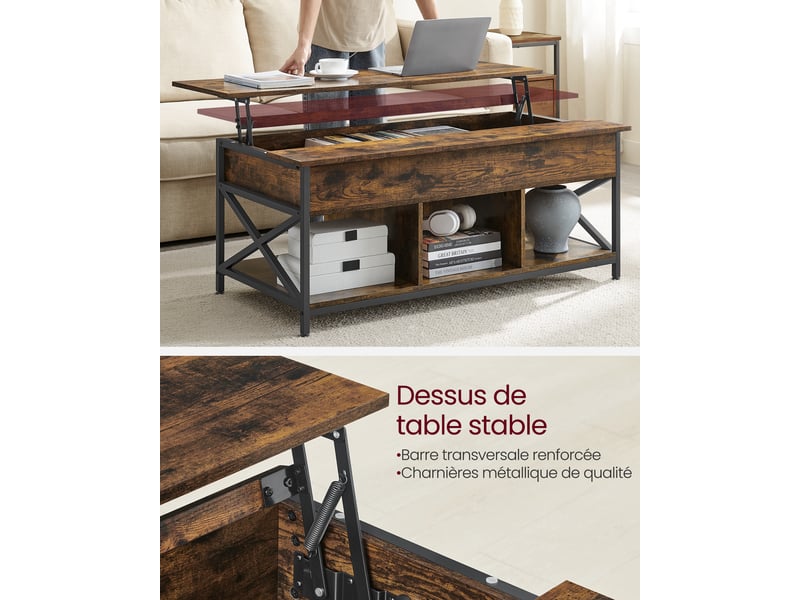 VASAGLE Table Basse Relevable Marron Rustique - Rangement Ouvert Et Compartiment Caché