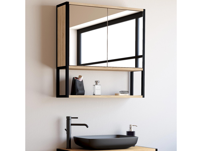 Meuble Suspendu Salle De Bain DETROIT Avec Miroir - Design Industriel - Rangement Optimisé - 60x15x60 Cm