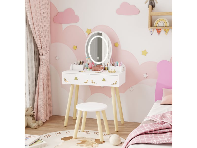 Coiffeuse Enfant AIYAPLAY Avec Tabouret - Blanc - 4 Tiroirs - À Monter (70x40x98 Cm)