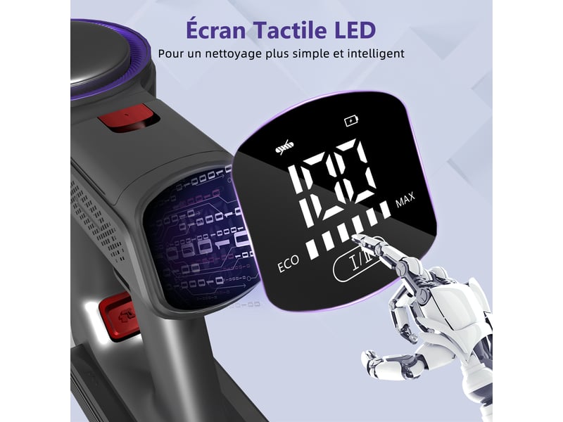 Aspirateur Balai Sans Fil 600W 48KPa - Autonomie 70min, Bac 2L, Auto-Stable, Avec Écran OLED - 9