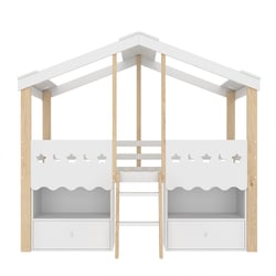 Lit Superposé Enfants 90x200 Avec 3 Tiroirs - Blanc Et Naturel - Barrière Sécurité En Rotin - Sans Matelas