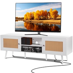 HOMTAKIE Meuble TV 140 Cm Avec Lumières LED RVB - Meuble HiFi Moderne Blanc, Verre Trempé, Rangement Multimédia